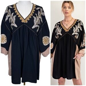 Easel Black Brown Embroidered V Neck Tunic Dress S Cotton Western Boho Oversized